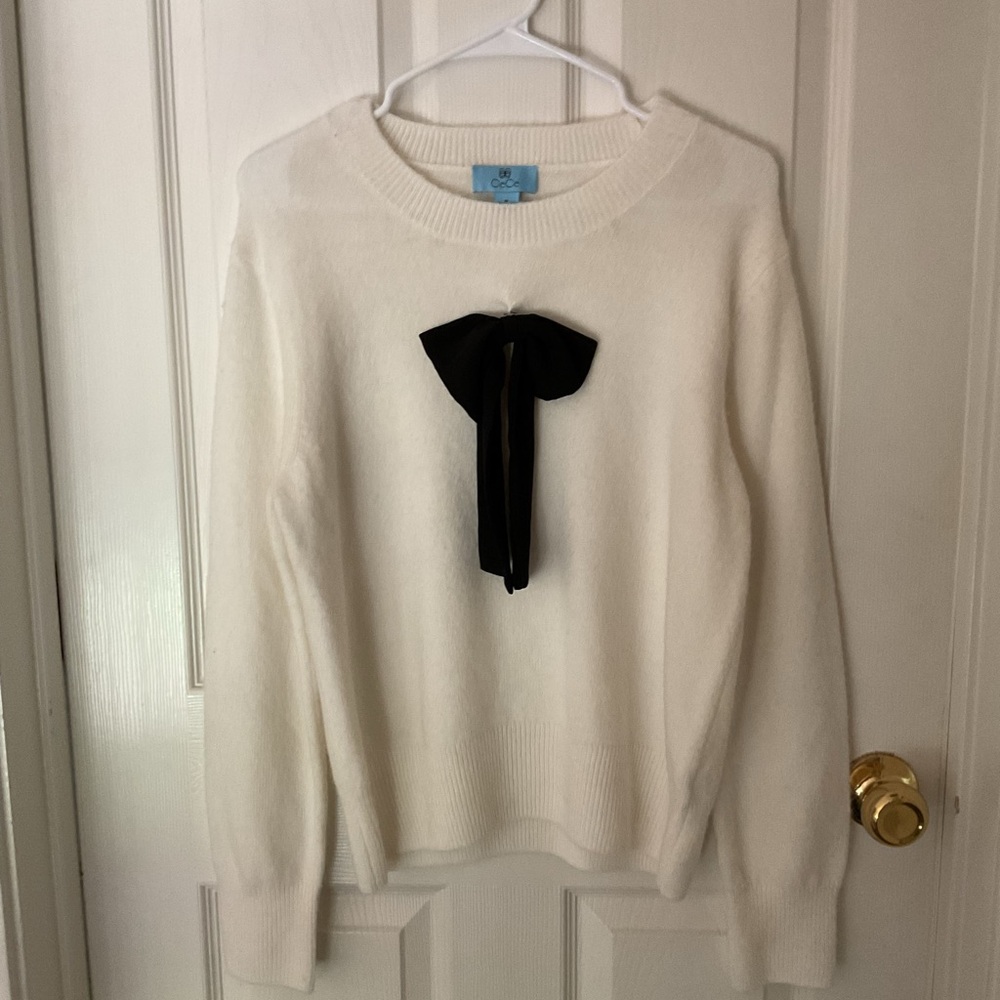CeCe Black and White Crew Neck Sweater with Bow Detail